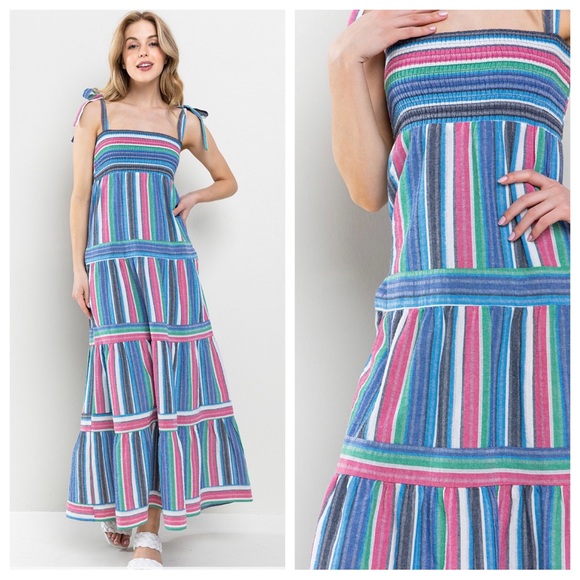 Boho Fabulous Linen Stripe Smoking Maxi Dress - Picture 4 of 4